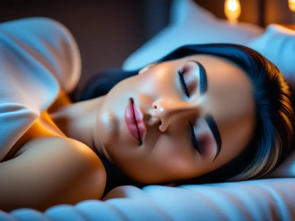 Descanso reparador: la clave para una salud óptima Importancia del sueño para la salud: persona durmiendo pacíficamente en una cama acogedora con una suave iluminación cálida sobre su rostro relajado