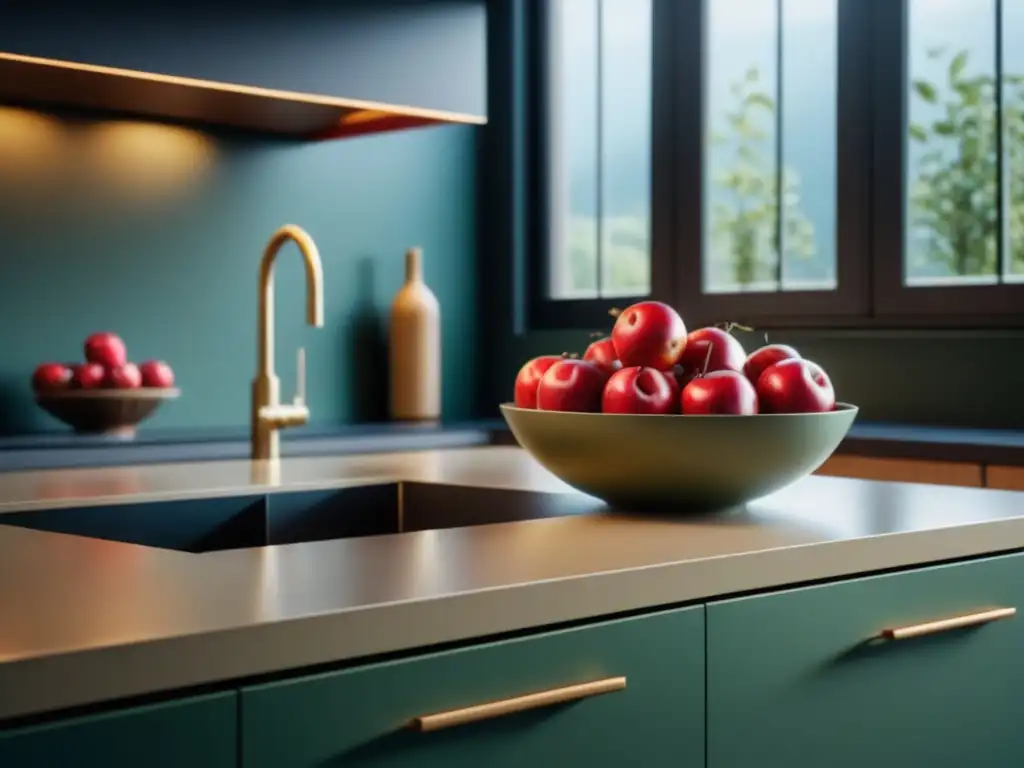 Cocina minimalista con manzanas rojas vibrantes Influencia de colores en cocina para hábitos alimenticios: Cocina minimalista con tonos suaves y naturales, manzanas rojas en la encimera