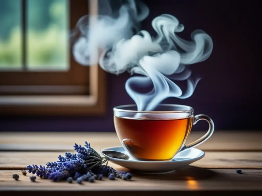 Relajante taza de té herbal con lavanda seca y luz natural Infusiones para aliviar ansiedad naturalmente: Taza de té herbal humeante en mesa de madera con lavanda seca y cuchara de plata vintage