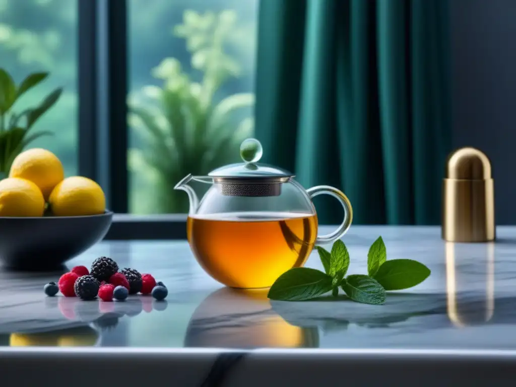 Infusión relajante: hierbas y frutas vibrantes en spa sereno Infusiones detox para relajarte: Spa sereno con infusor de té moderno y selección de hierbas y frutas vibrantes sobre mármol blanco