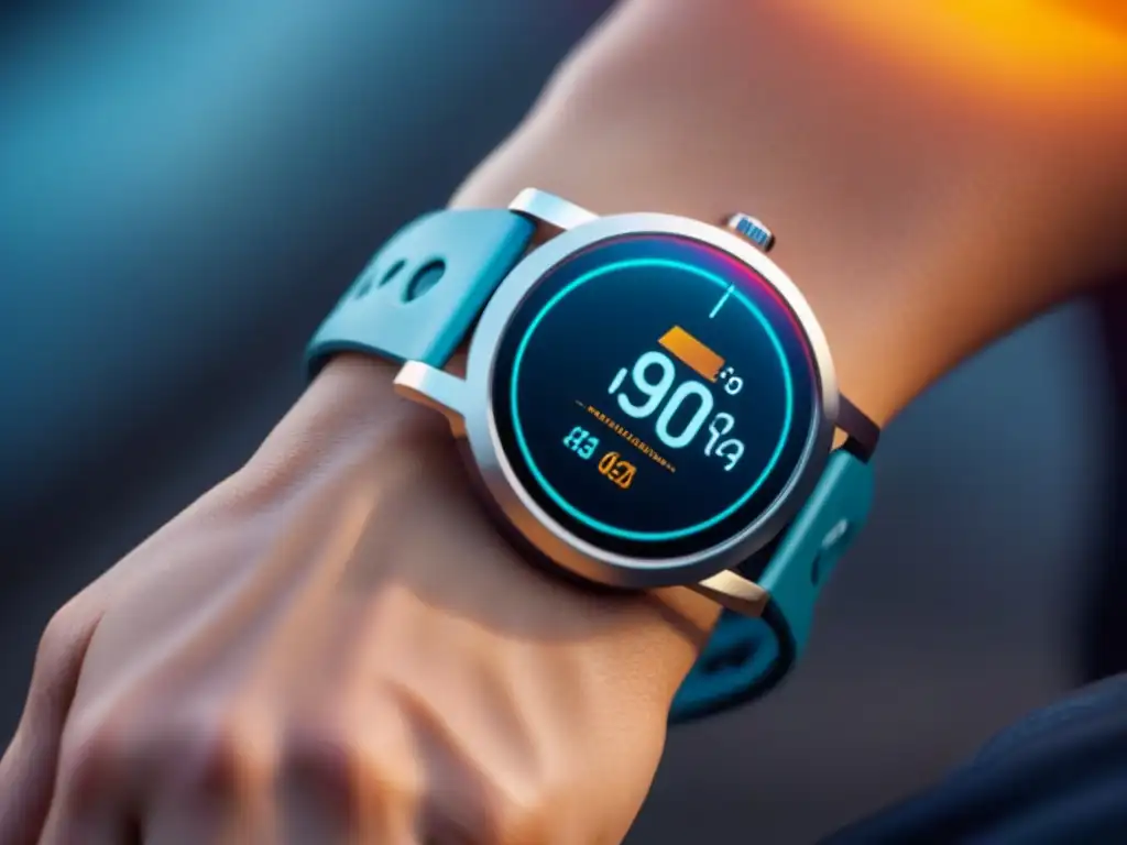 Smartwatch futurista con seguimiento de salud avanzado en alta resolución Innovaciones en gadgets de salud y cuidado personal: Reloj inteligente minimalista con pantalla vibrante y avanzadas métricas de salud