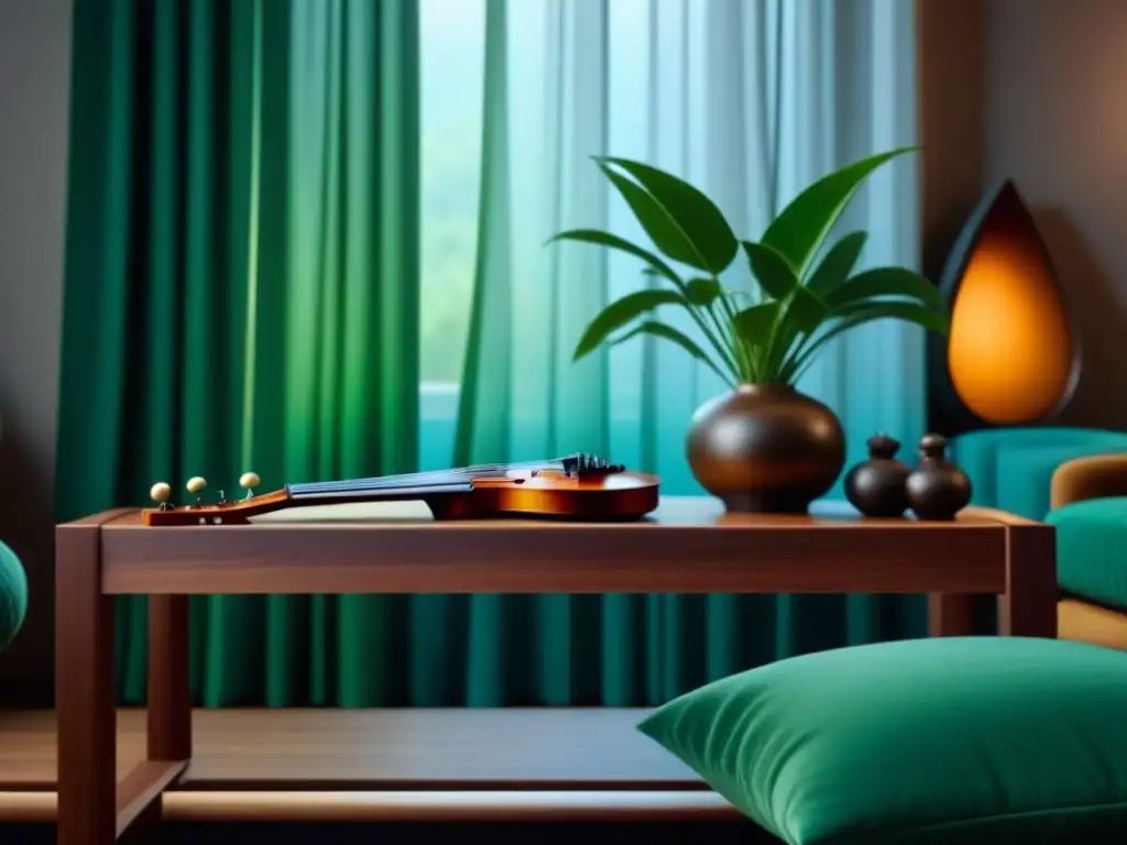 Espacio sereno: sala con instrumentos musicales relajantes Un rincón de armonía con instrumentos musicales relajantes, cojines acogedores y plantas verdes