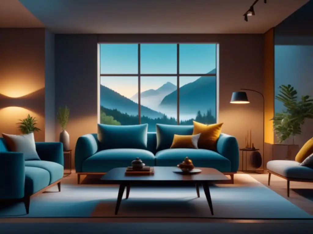 Living room moderno con iluminación inteligente en 8k Iluminación inteligente para ambientes relajantes en sala moderna con decoración minimalista y luz natural