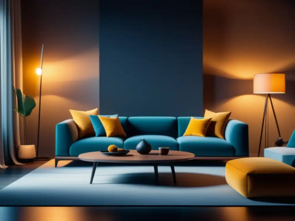 Sala moderna con iluminación inteligente Iluminación inteligente para ambientes relajantes en un salón moderno y acogedor con detalles minimalistas y luz cálida