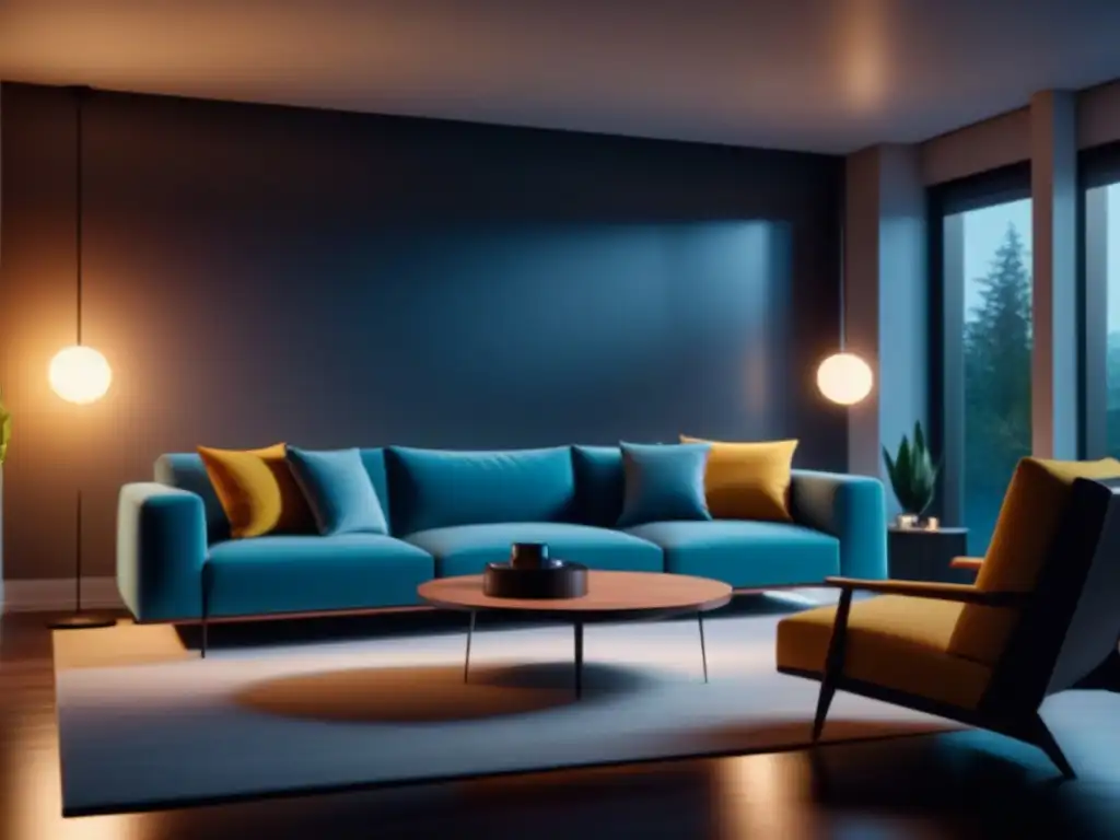 Salón moderno con iluminación inteligente: ambiente acogedor y sofisticado Iluminación inteligente para ambientes relajantes: Salón moderno minimalista con sistema de luces cálidas y acogedoras