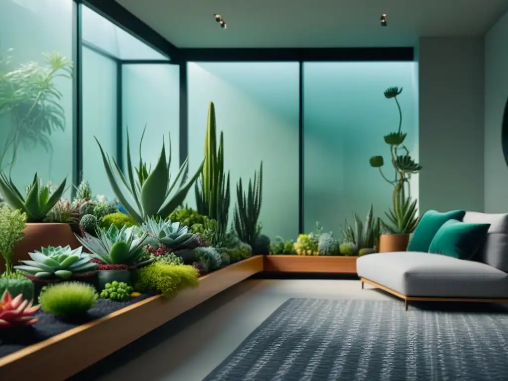 Jardín interior moderno con terrarios de cristal y plantas Un jardín interior moderno y sereno con originales macetas suspendidas en una sala minimalista