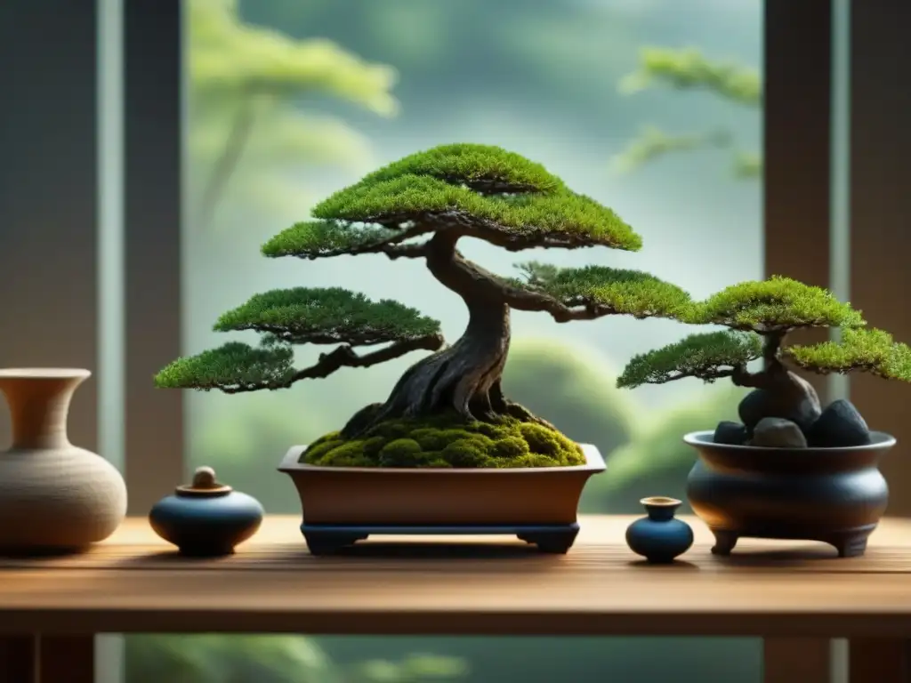 Jardín interior zen con bonsáis cuidadosamente dispuestos Un jardín interior sereno con bonsáis cuidadosamente dispuestos, creando una atmósfera de equilibrio y tranquilidad