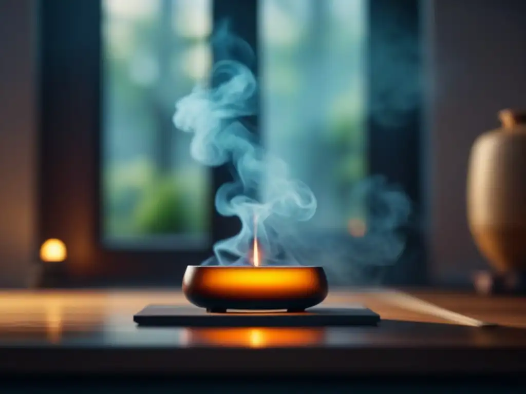 Interior minimalista: incienso aromático en ambiente tranquilo Interior sereno con incienso moderno y luz natural