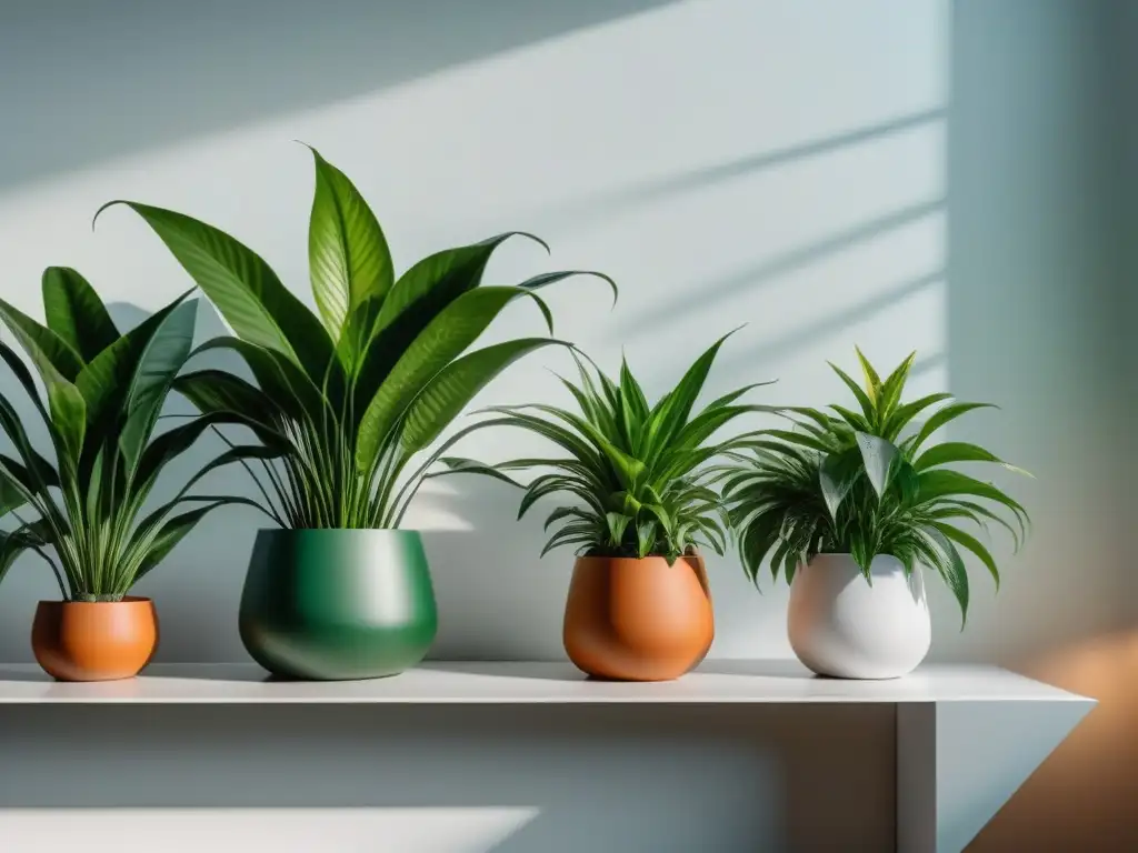Oasis verde: jardín interior sereno y purificador Un jardín interior sereno y minimalista con plantas purificadoras de aire que tranquilizan la mente
