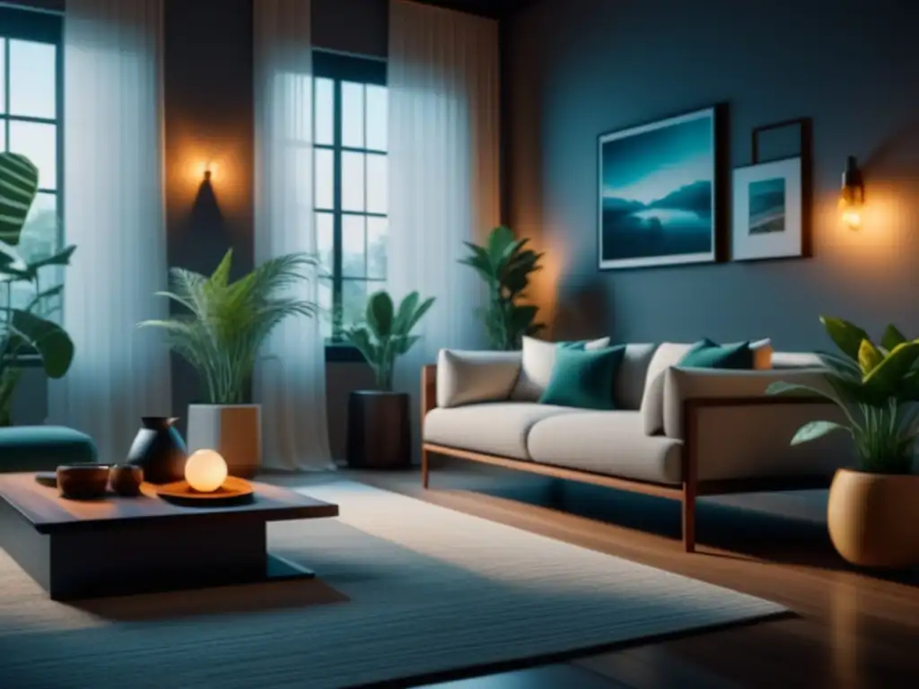 Salón minimalista en 8k: armonía de aromaterapia y diseño interior Armaterapia en diseño de interiores: Sala minimalista serena con difusor de aceites esenciales y plantas