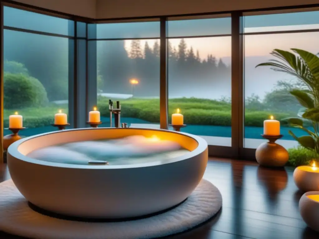 Jacuzzi moderno rodeado de velas en baño lujoso con vista a jardín privado
