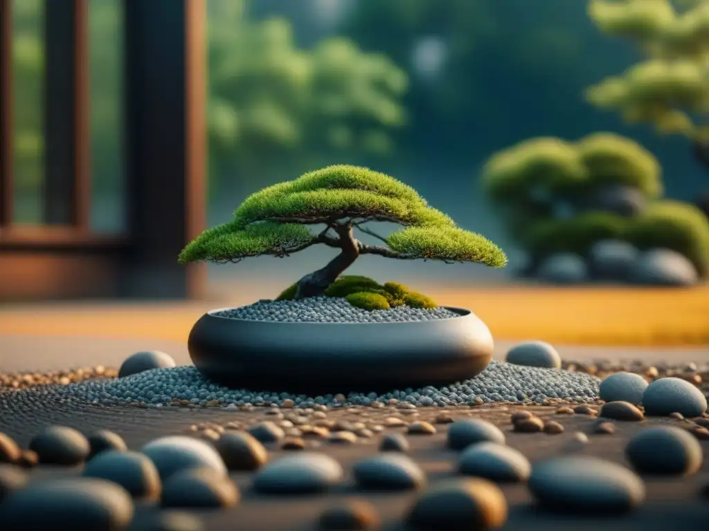 Jardín Zen japonés: serenidad en 8k Jardín Zen japonés con bonsái y luz suave, ideal para relajarse