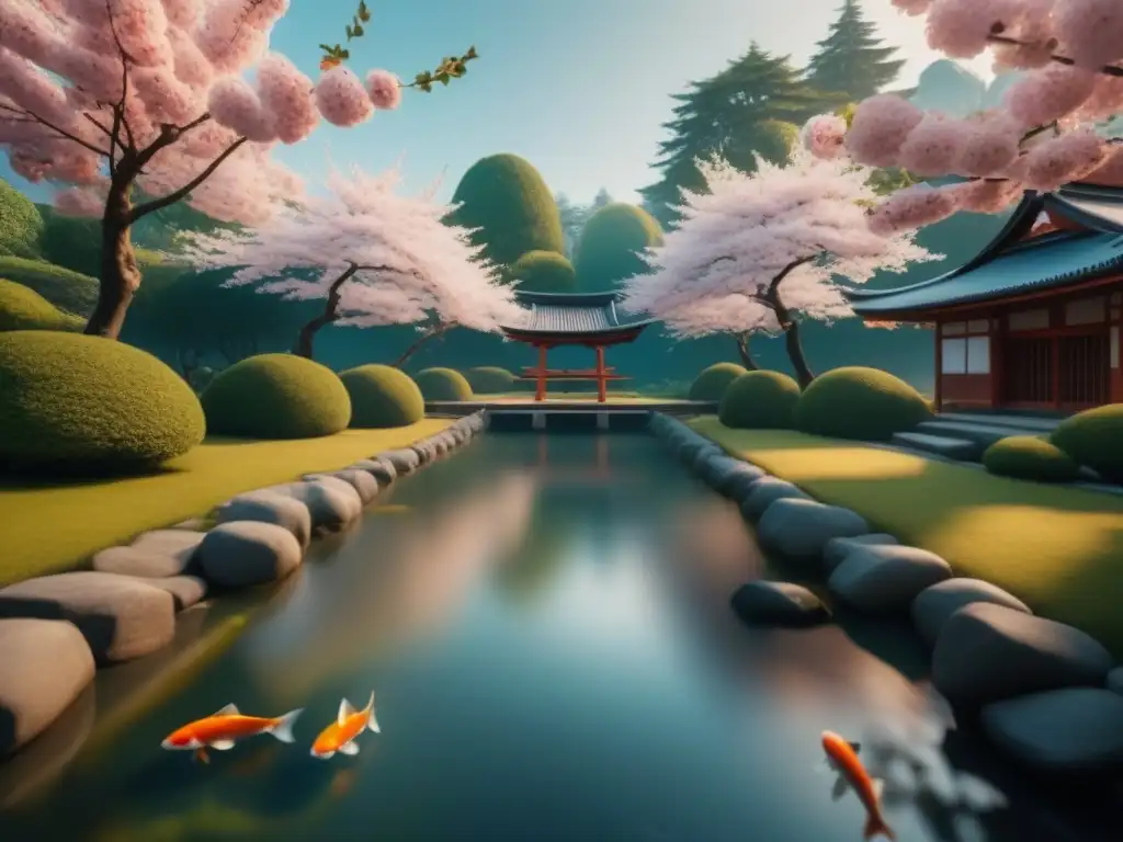 Un jardín japonés con cerezos en flor, estanque de peces koi y casa de té
