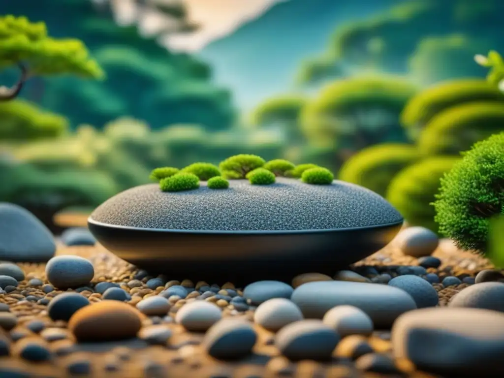 Jardín de rocas japonés: serenidad y equilibrio en 8k Jardín zen japonés con grava rastrillada, piedras y vegetación exuberante bajo luz suave, ideal para apps relajantes para adultos mayores
