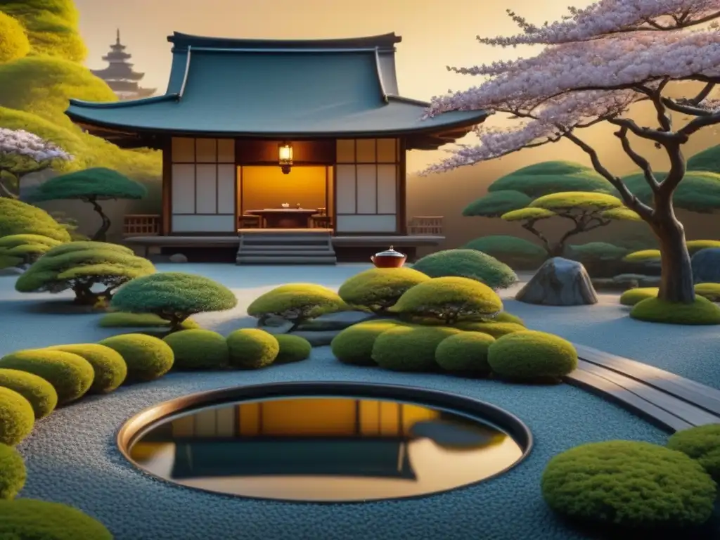Jardín japonés sereno con bonsáis y casa de té tradicional Un jardín japonés sereno con bonsáis, una casa de té tradicional y un estanque, bañados en luz dorada