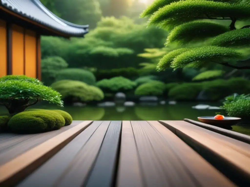 Jardín de té japonés: serenidad y armonía Un jardín japonés sereno con estanque de peces koi y casa de té, ideal para tés exóticos para relajación profunda