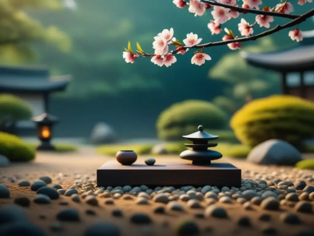 Jardín Zen japonés: armonía y serenidad Un jardín zen japonés sereno y minimalista con un árbol de cerezo en flor y una linterna de piedra, ideal para tés de hierbas relajantes sin cafeína
