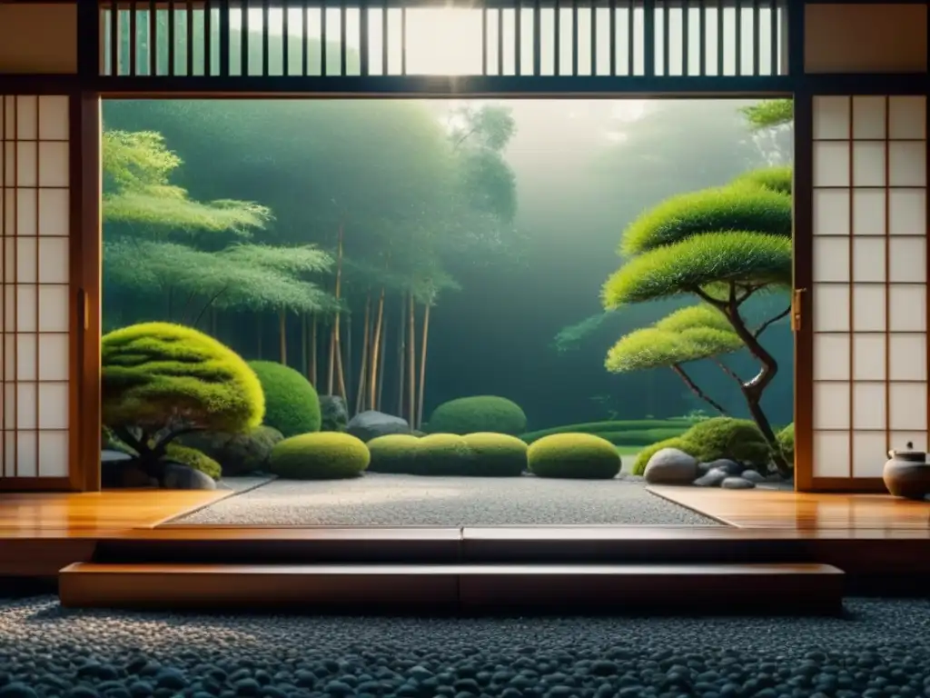 Jardín de té japonés: armonía y tranquilidad Un jardín japonés tranquilo y minimalista, con una casa de té de madera y exuberante vegetación