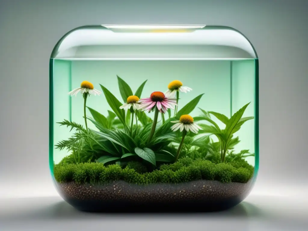 Plantas medicinales en terrario: pureza y curación natural Un jardín de plantas medicinales verdes en un terrario moderno de vidrio