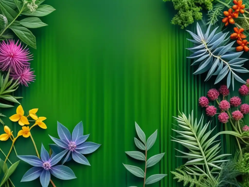 Armonía botánica: detalladas plantas medicinales en topdown Un jardín de plantas medicinales vibrantes y detalladas, en armonioso patrón