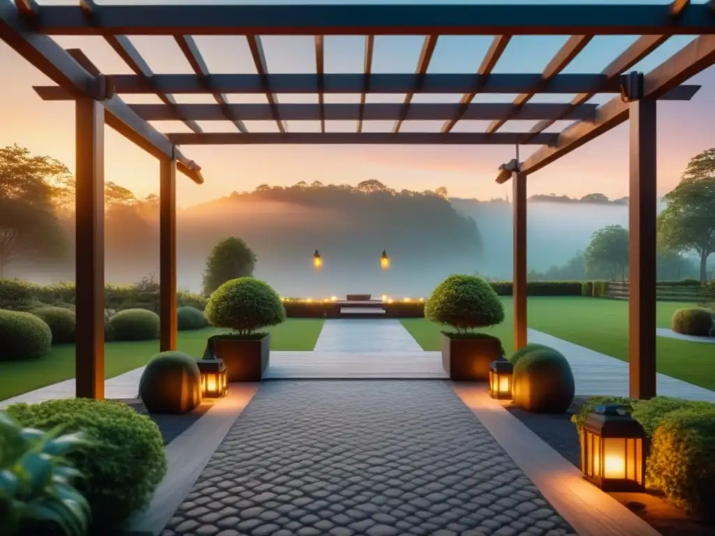 Jardín sereno iluminado por luces inteligentes al atardecer Un jardín sereno al anochecer con iluminación inteligente, destacando la calma y la belleza natural