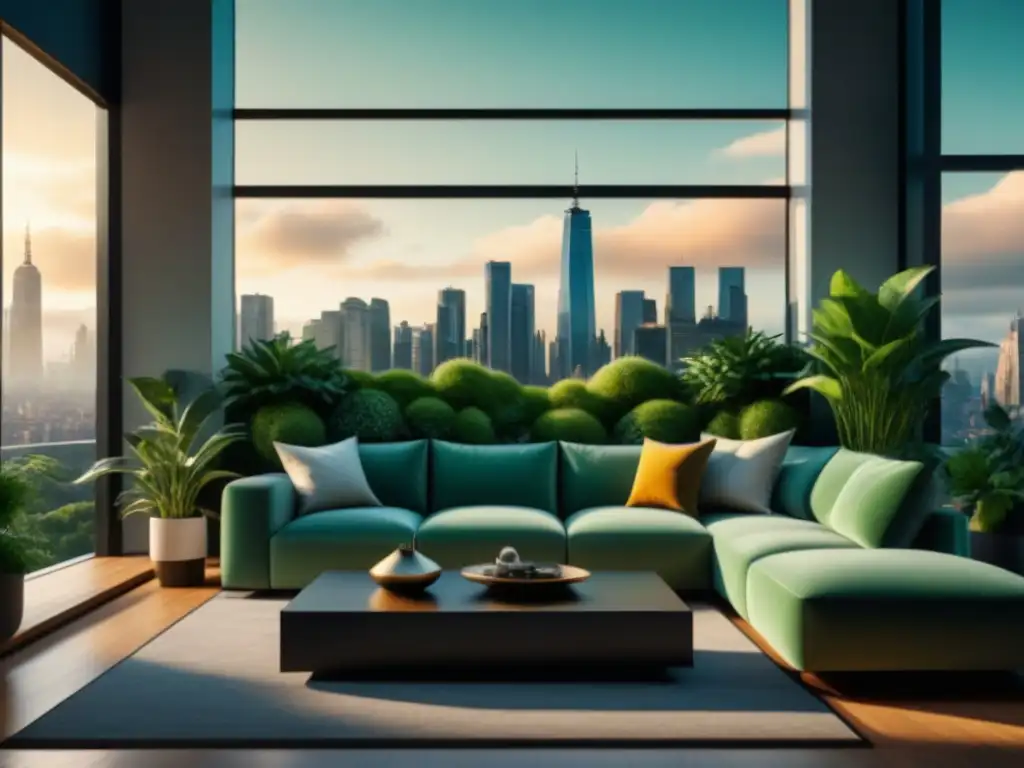 Salón minimalista con jardín vertical y vistas urbanas en 8k Jardines verticales para espacios urbanos: Salón minimalista con ventanales y jardín vertical integrado, fusionando naturaleza y ciudad