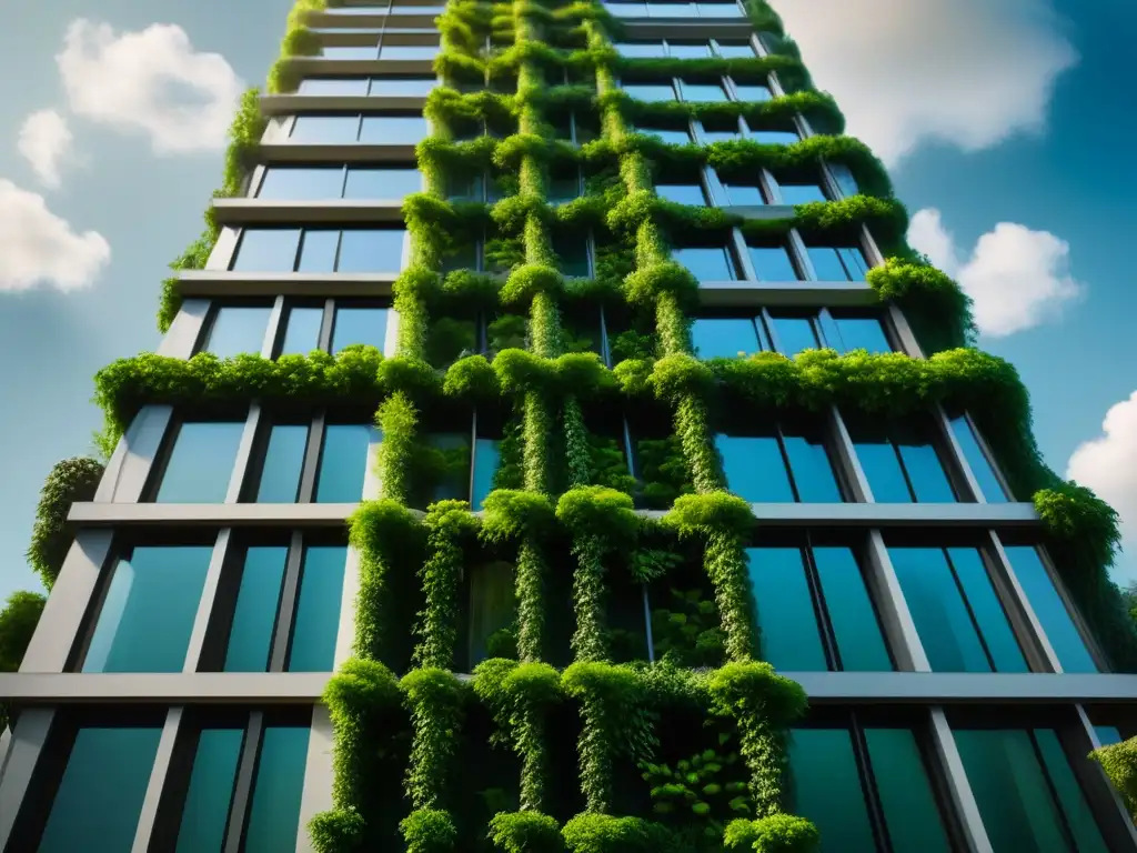 Edificio verde: oasis de naturaleza en la ciudad Jardines verticales para espacios urbanos: Edificio cubierto de exuberantes jardines verdes, fusionando naturaleza con arquitectura urbana