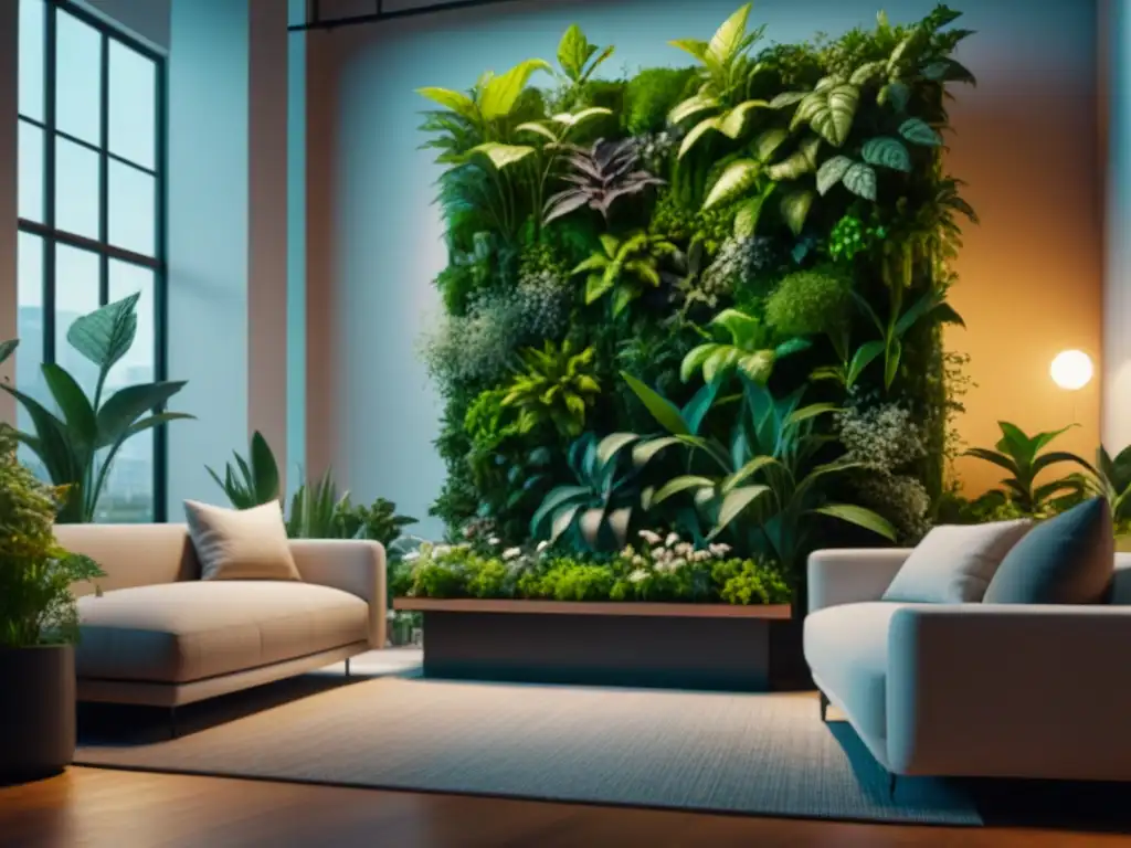 Salón moderno con jardín vertical en ambiente urbano Jardines verticales para espacios urbanos: Sala moderna con gran jardín vertical, creando un ambiente sereno y vibrante