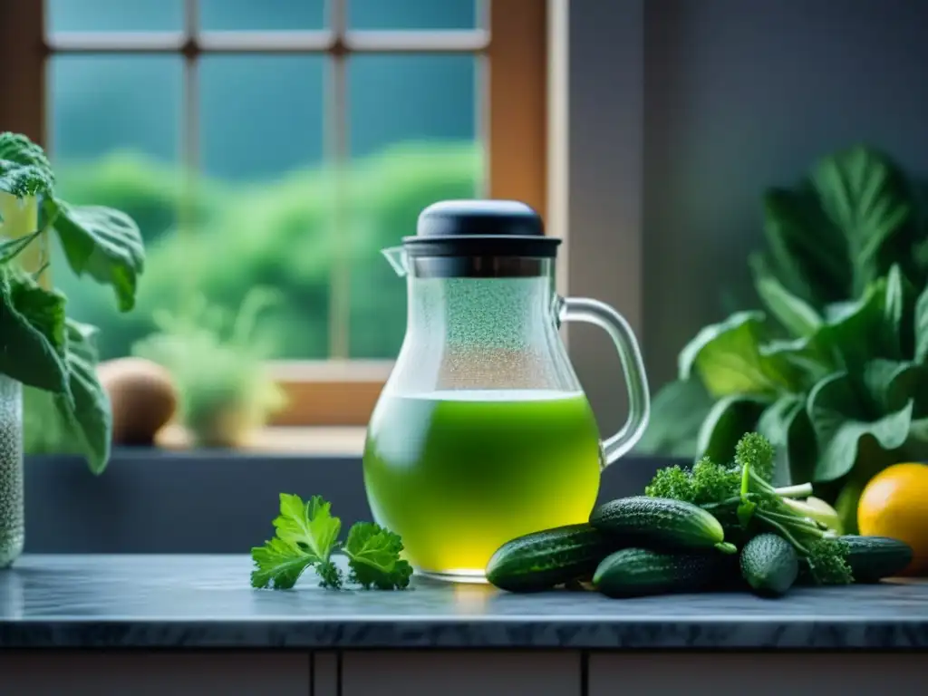 Jugo verde vibrante en jarra de vidrio y ingredientes frescos Jugo verde y alimentos relajantes para jugos en elegante composición de cocina