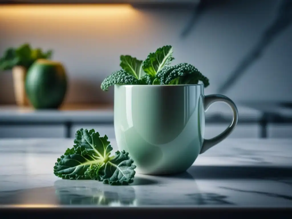 Jugo verde: frescura en taza de cerámica blanca Jugos antiestrés fáciles preparar: mug blanco con jugo verde de kale, pepino y manzana, adornado con pepino y menta en encimera de mármol