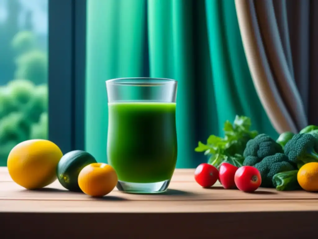Jugo verde revitalizante con frutas y verduras frescas Jugos antiestrés fáciles preparar: un vaso de jugo verde rodeado de frutas y vegetales frescos en una mesa de madera iluminada por el sol