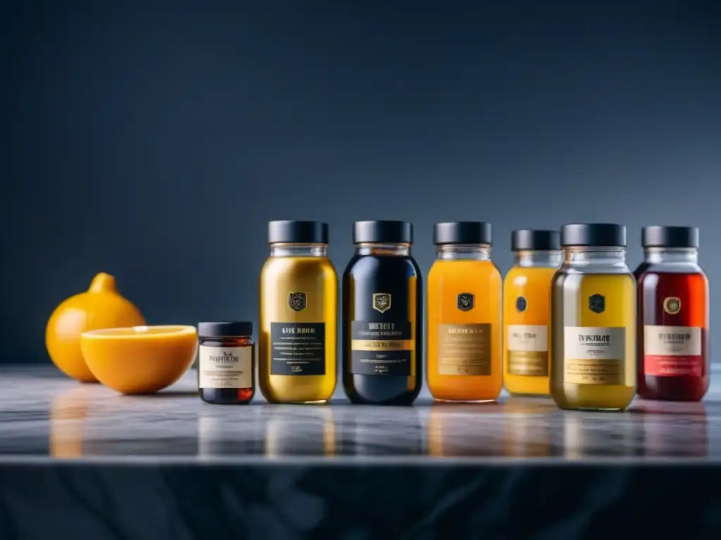Kit detox de lujo: jugos orgánicos, agua y té en mármol negro y dorado Kit detox de lujo en elegante presentación negra y dorada sobre encimera de mármol, con jugos orgánicos, botella de agua y tés artesanales