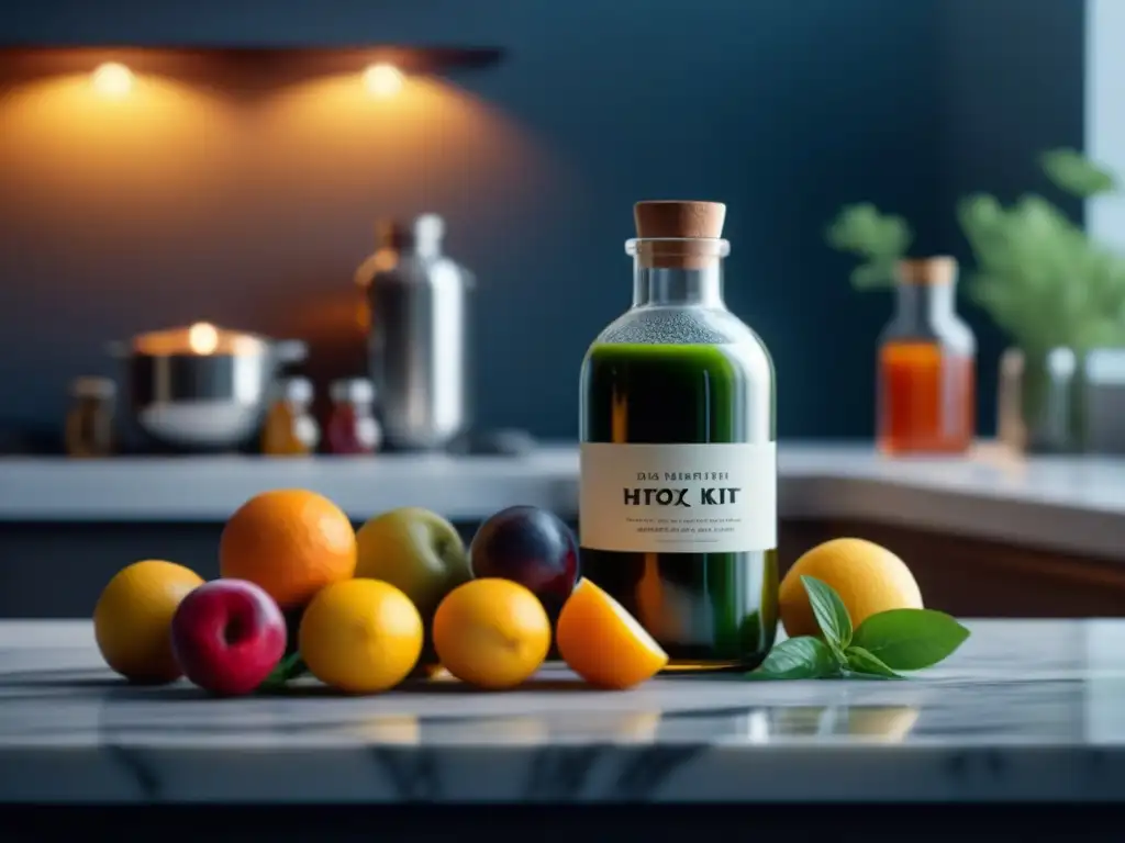 Kit de Detox de Lujo: jugos vibrantes, frutas frescas y hierbas aromáticas sobre mármol blanco iluminado