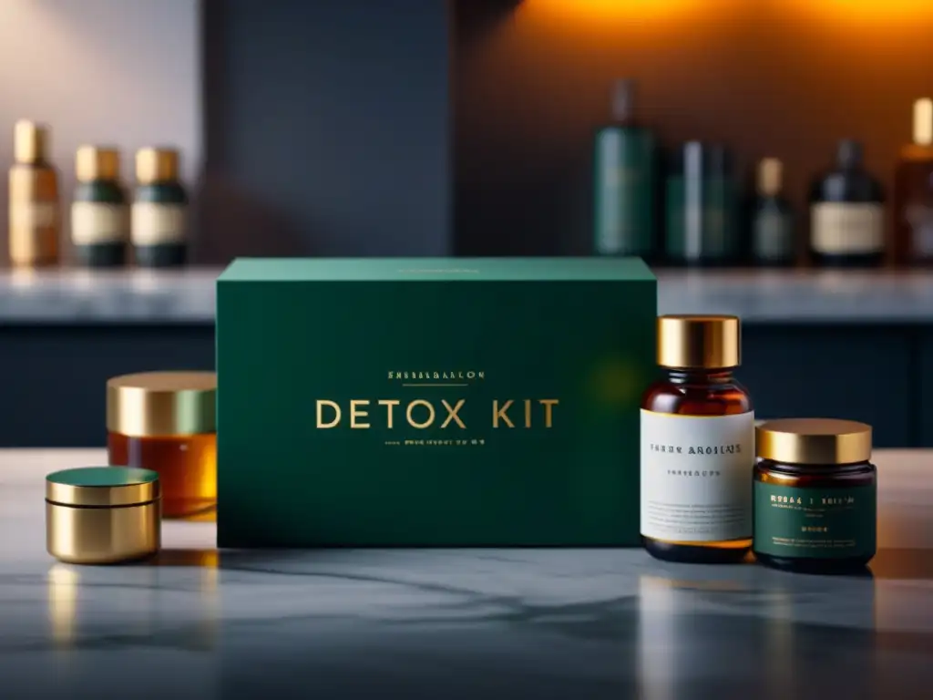 Un kit de detox de lujo con productos selectos, elegante packaging y detalles en oro sobre un elegante mostrador de mármol