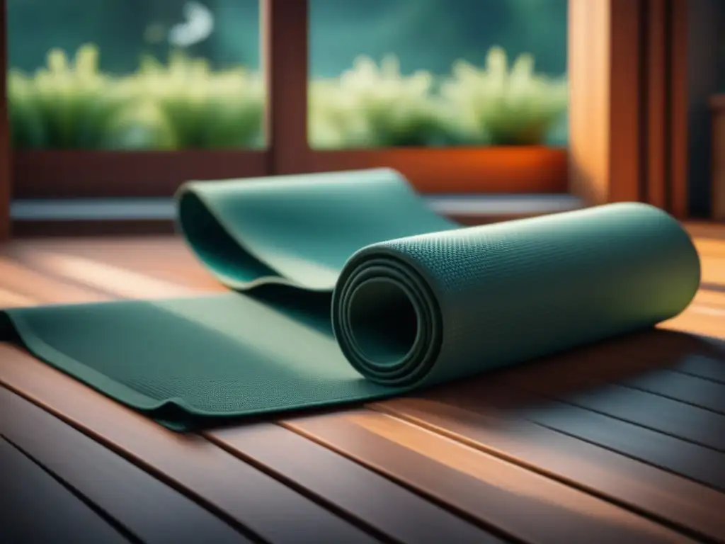 Tapete de yoga de lujo en gris, en un ambiente sereno y armonioso Kit de meditación y yoga: tapete elegante en tono gris sobre suelo iluminado por el sol, ventana con jardín verde al fondo