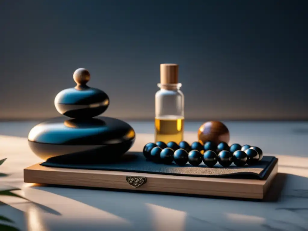 Kits de meditación de lujo: tranquilidad y sofisticación Un kit de meditación y yoga de lujo, con elementos elegantes sobre mármol blanco