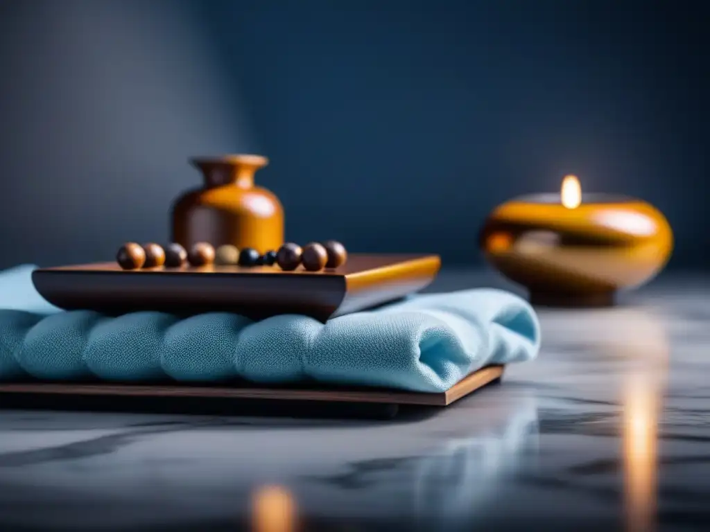 Kit de meditación de lujo: serenidad y minimalismo en mármol blanco Un kit de meditación y yoga de lujo, sobre una mesa de mármol blanco, iluminado suavemente, transmitiendo serenidad y calma