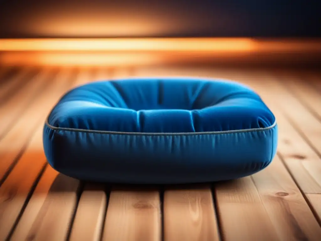 Cojín de meditación azul: serenidad y confort Kit de meditación y yoga: Cojín azul profundo sobre suelo de madera en habitación iluminada, invita a una sesión tranquila y cómoda