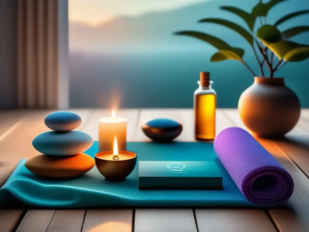 Kit de meditación y yoga: armonía y sofisticación Un kit de meditación y yoga elegante y armonioso, con yoga mat, libros, bonsái, difusor de aceites esenciales y piedras de sanación