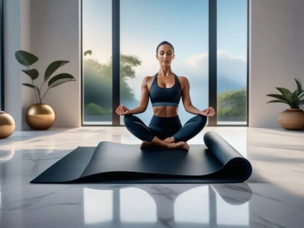 Tapete de yoga negro sobre mármol blanco: elegancia minimalista Kit de meditación y yoga: elegante tapete negro de yoga sobre suelo de mármol blanco, bañado por luz natural