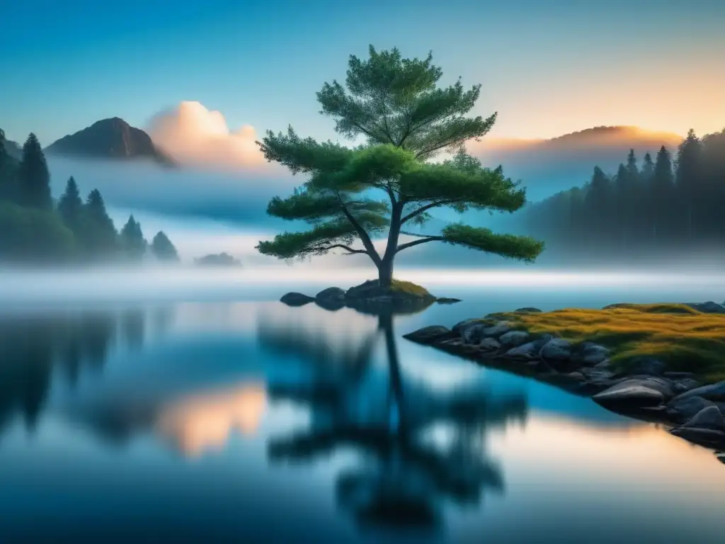 Un lago sereno refleja un cielo azul, con un árbol solitario en la orilla, evocando paz y tranquilidad para el bienestar mental en el hogar