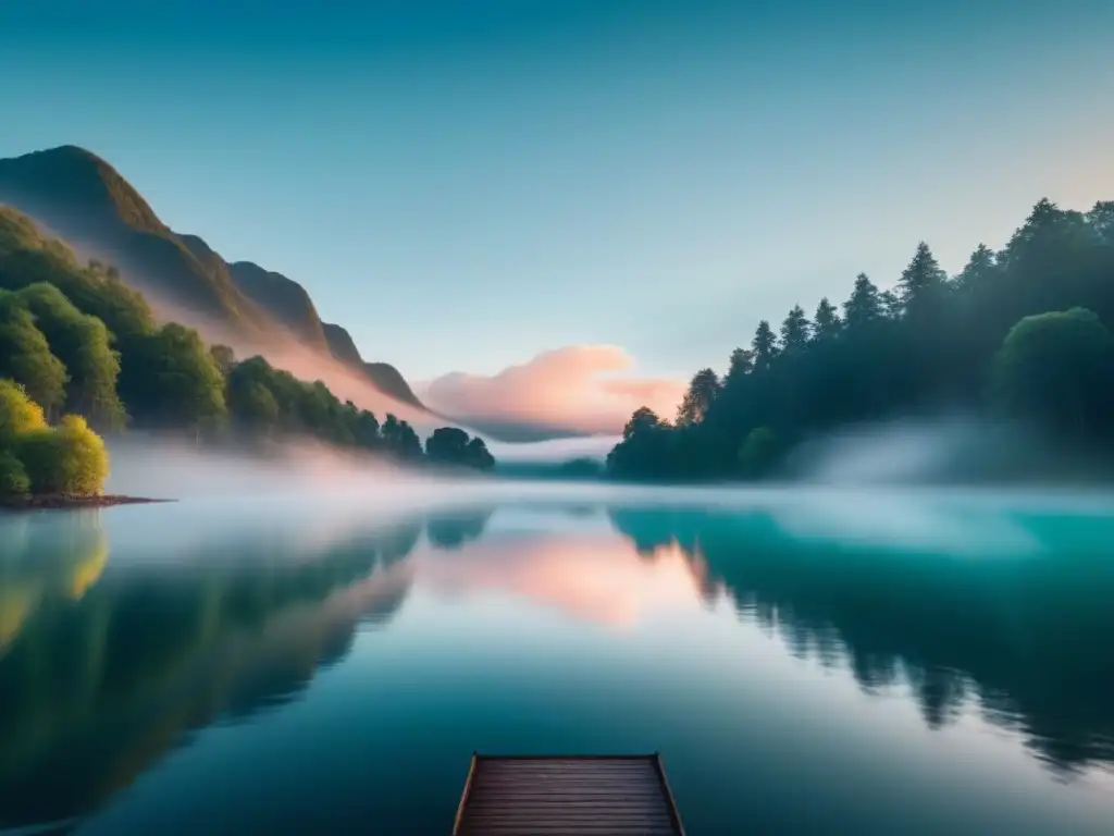Paz en el lago al amanecer Un lago sereno al amanecer reflejando el cielo pastel entre árboles verdes