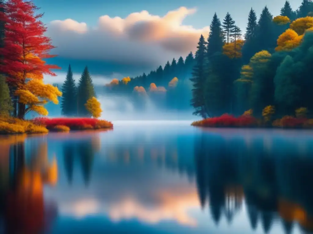 Reflejos otoñales en un lago sereno Un lago sereno reflejando los colores vibrantes del otoño, rodeado de árboles majestuosos