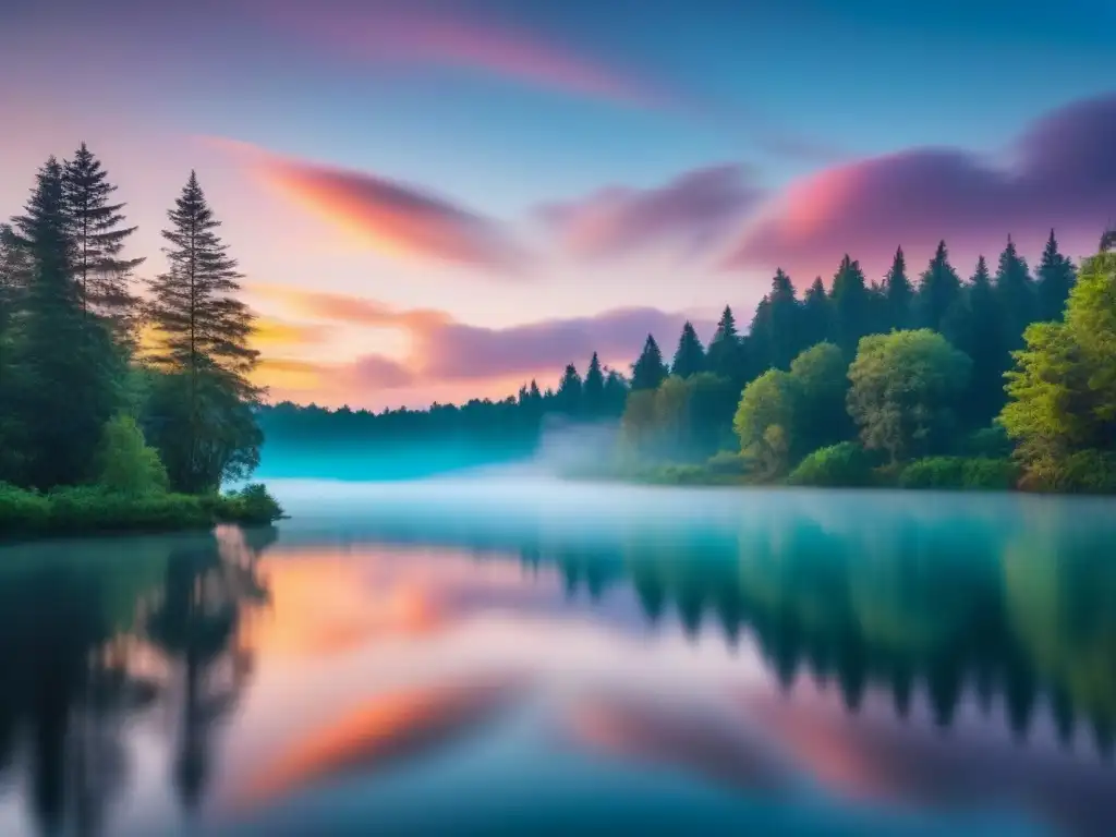 Paisaje sereno: lago reflejando atardecer vibrante Un lago tranquilo reflejando un atardecer vibrante, rodeado de árboles verdes