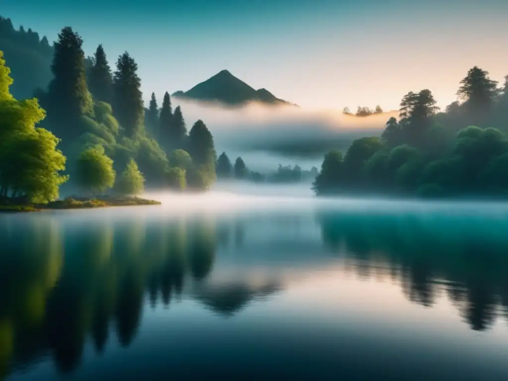 Paisaje sereno de lago al amanecer Un lago tranquilo al amanecer, con neblina sobre el agua y árboles verdes reflejados