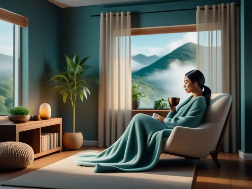 Rincón de lectura acogedor para reducir la ansiedad en casa Un rincón de lectura acogedor con luz natural, taza de té humeante y libros