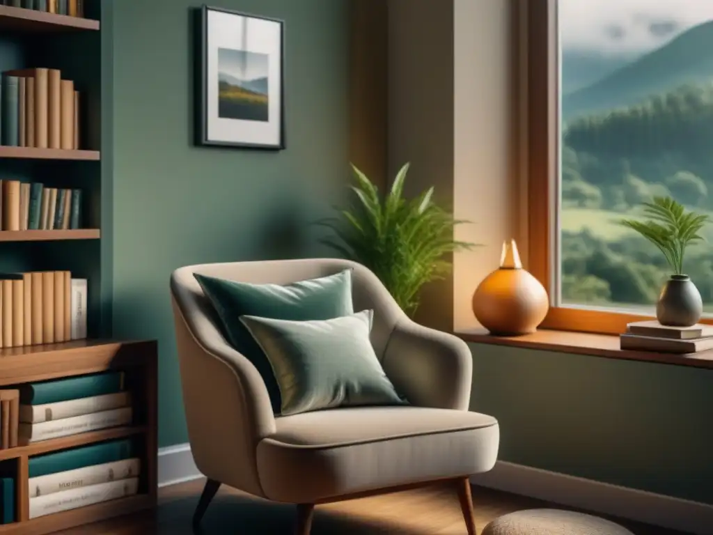 Rincón de lectura acogedor con silla moderna y té caliente Un rincón de lectura acogedor con una silla moderna bañada en luz natural, tés relajantes para leer
