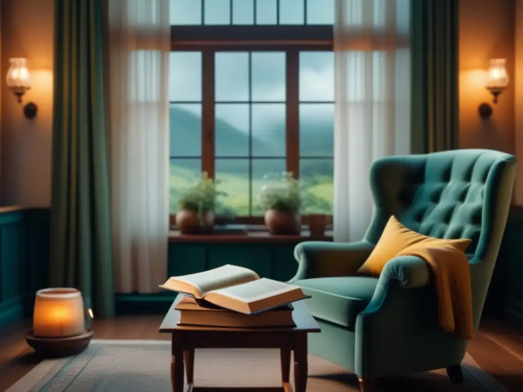 Rincón de lectura acogedor: relax con té y libros Un rincón de lectura acogedor con tés relajantes para leer, libros y gafas, bañado en luz natural y vista al jardín