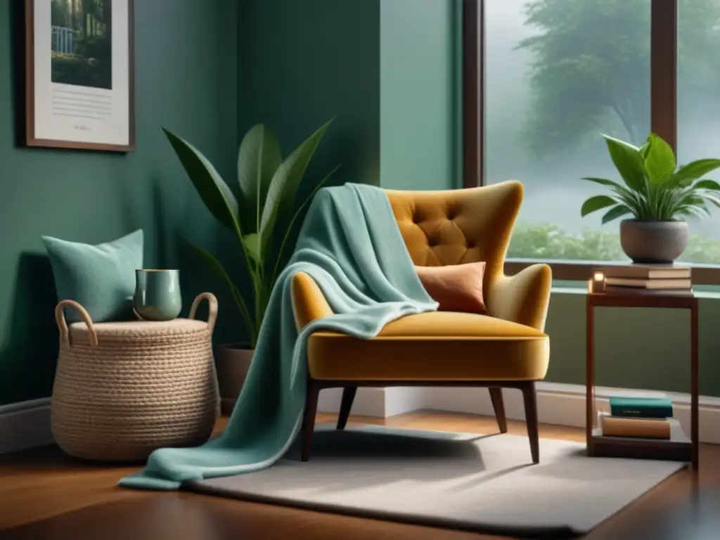Rincón de lectura acogedor con luz natural y té caliente Rincón de lectura acogedor con tés relajantes para leer en moderna butaca bajo luz natural