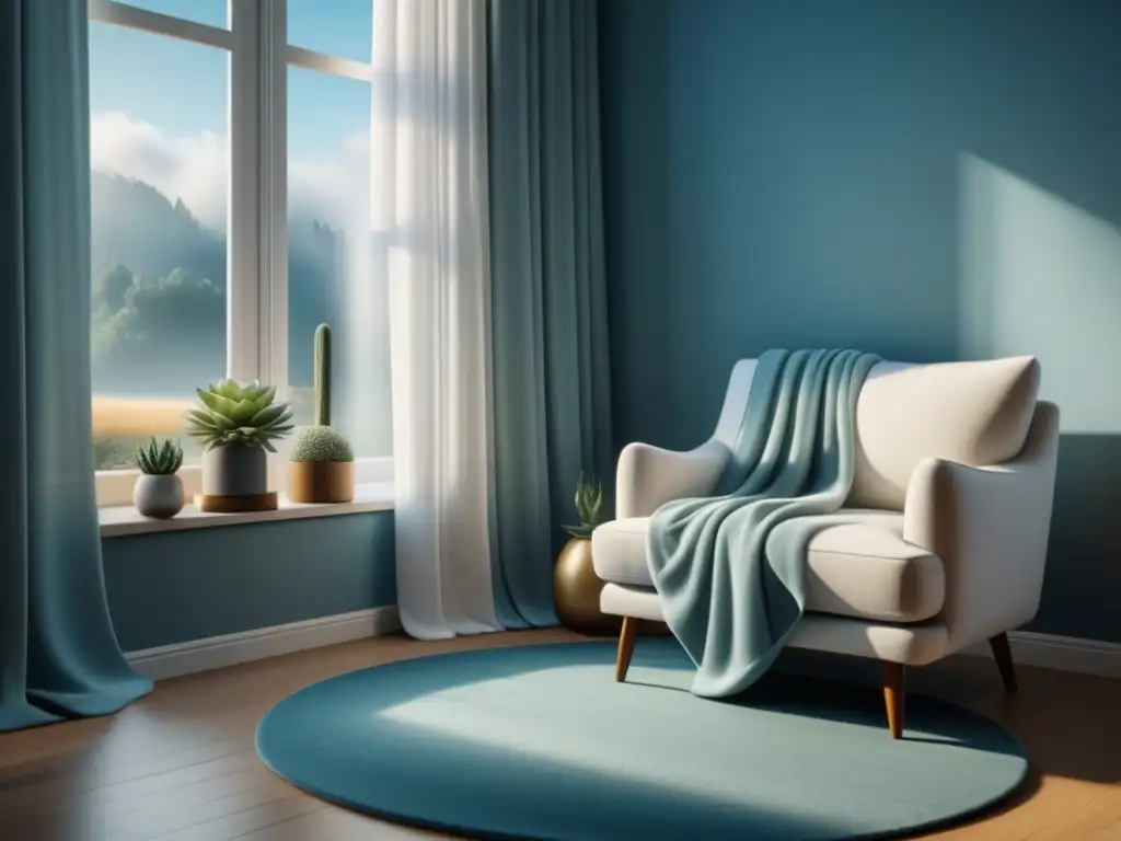 Rincón de lectura minimalista y sereno con silla blanca y ventana Un rincón de lectura minimalista relajante con silla blanca, manta gris, libros, suculenta, ventana con cortinas blancas y luz suave